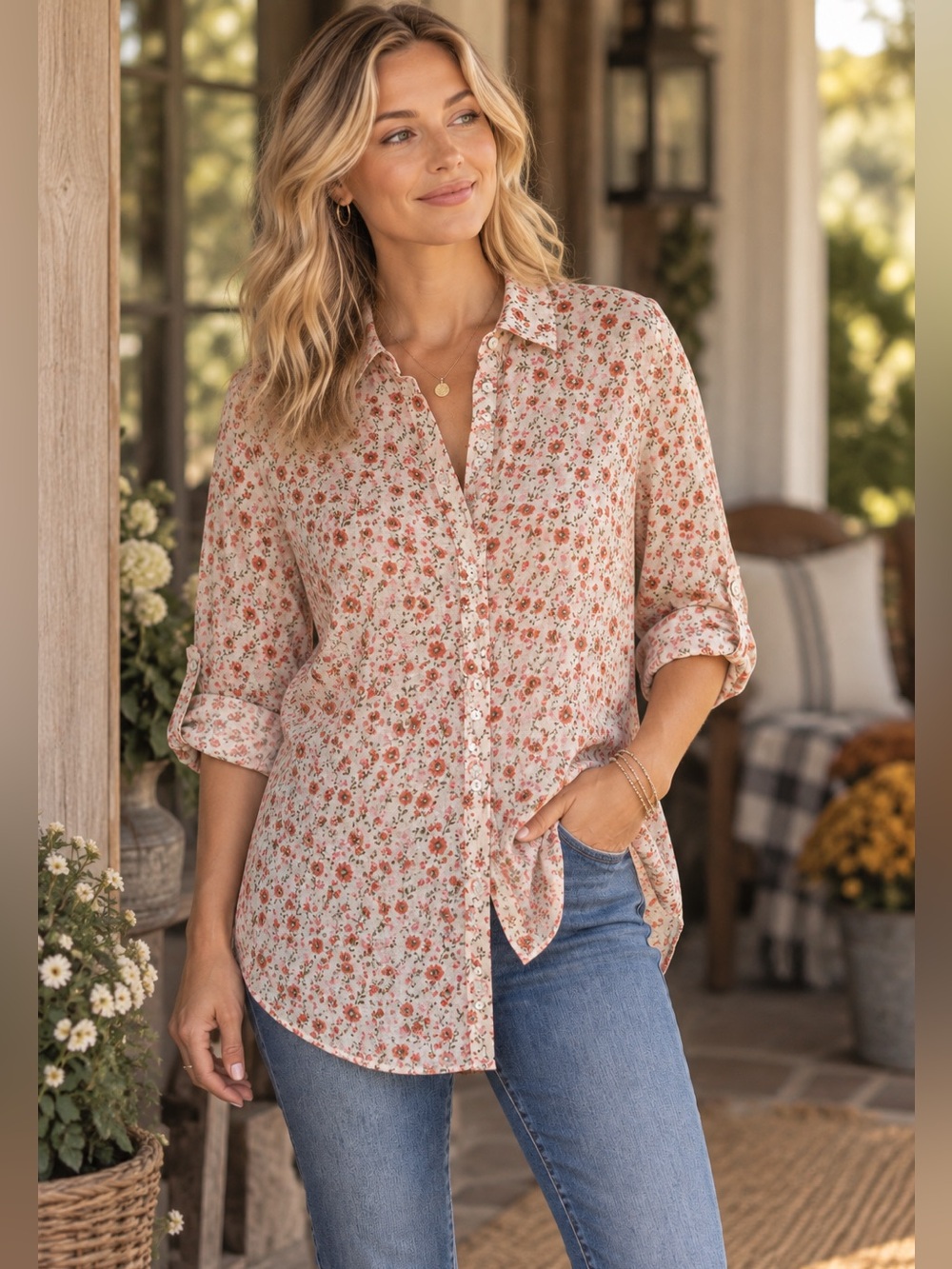 Cynthia Rowley 100% Linen Berry Cream Prairie Ditsy Floral Button Down Shirt L
